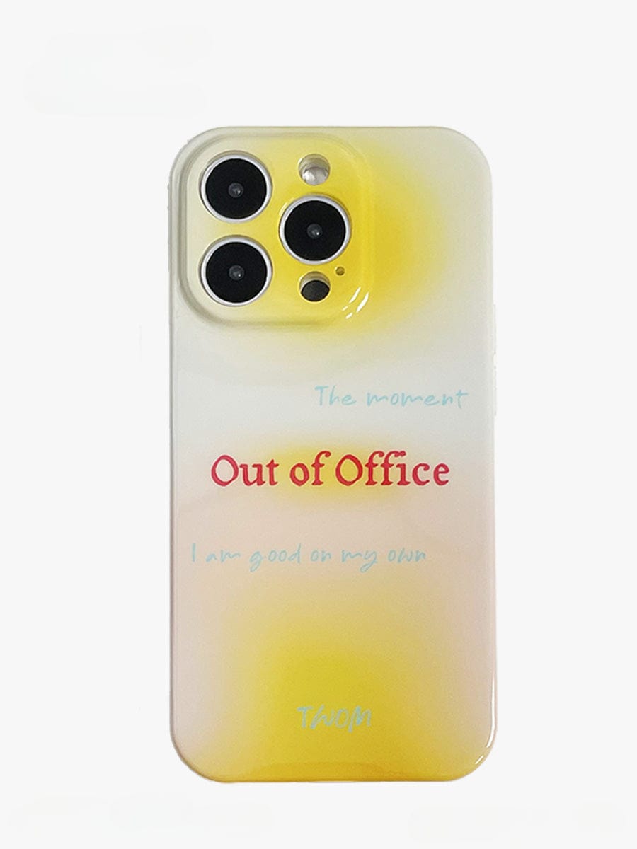 The gradient yellow Out of Office iPhone 16 Pro Max Case features the text "The moment Out of Office I am good on my own TMON" and includes cutouts for three camera lenses on the top left.