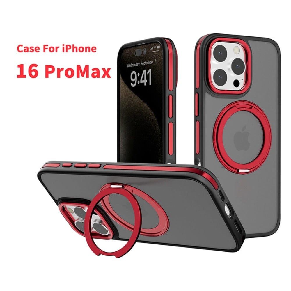 A Matte Finish iPhone 16 Pro Max Case in black and red, featuring a rotating ring holder and showcased from multiple angles, offers MagSafe compatibility and shockproof protection.