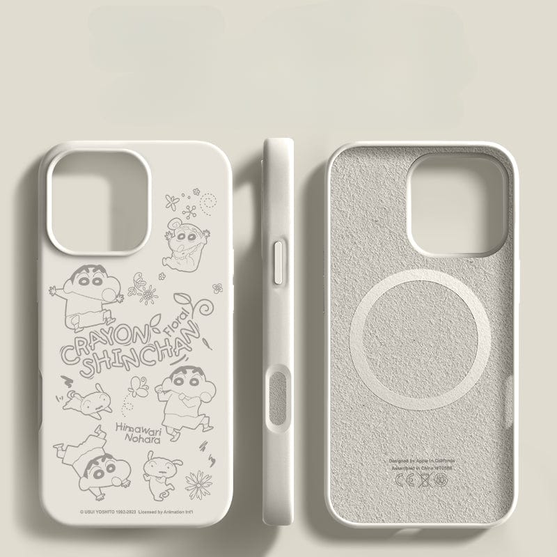 You can see three views of the iPhone 16 Pro Max Crayon Shin-chan Case - Liquid Silicone, Shockproof, Slim Fit Protective Cover, which showcases vibrant illustrations and text. Made from premium liquid silicone material, this case provides triple-layer shockproof protection while ensuring precise cutouts for the camera and buttons. It also features a distinctive circular design on the inner back panel.