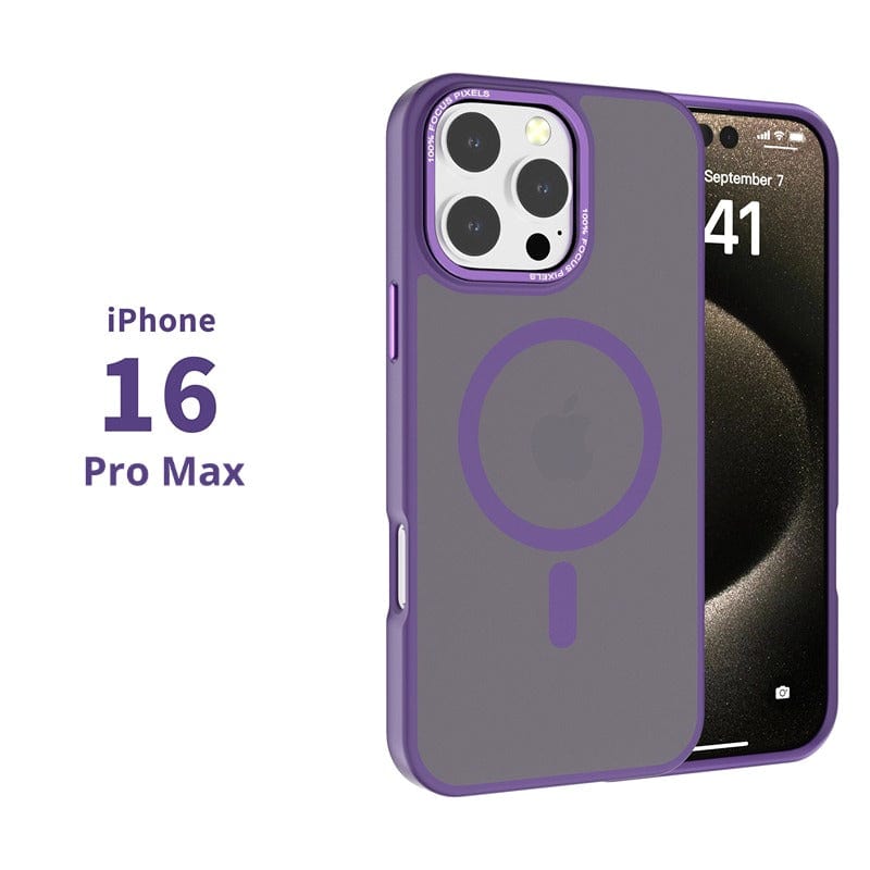 A MagSafe iPhone 16 Pro Max case with a soft-touch finish in purple and gray snugly covers the phone, displaying the date, September 7, and the time, 9:41 on its screen. The text "iPhone 16 Pro Max" appears on the left side of the image.