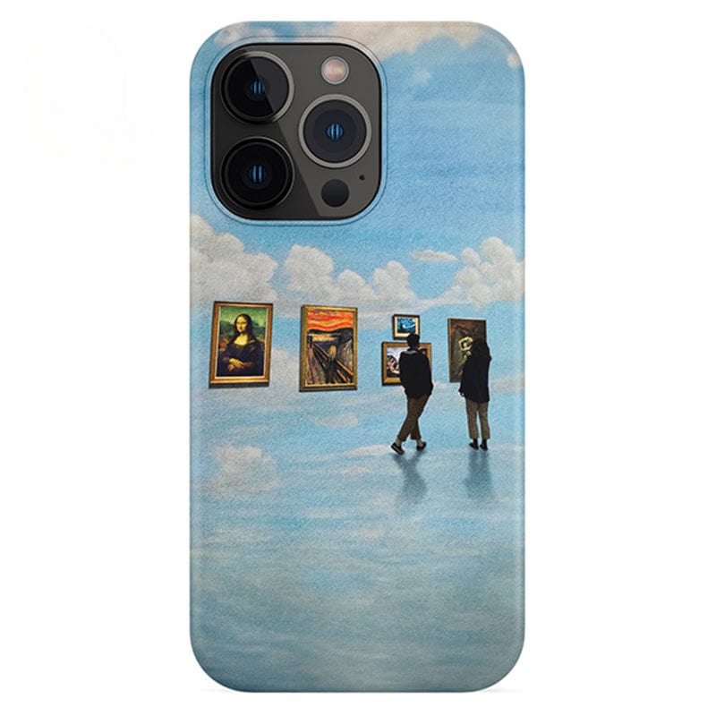 The Surreal Art Gallery iPhone 16 Pro Max Case - Dreamy and Protective features a stylish design of two people in dark clothing viewing art pieces in an open, sky-like setting. The artworks include the Mona Lisa and other framed paintings, with a backdrop of blue sky and clouds.