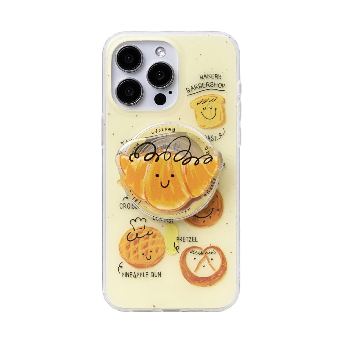 The Bakery Friends MagSafe iPhone 16 Pro Max Case features a cream background adorned with cartoon bread characters, each with smiling faces and labels such as "Pineapple Bun," "Pretzel," and "Croissant." This all-inclusive protective cover also comes with a built-in Bun Stand, showcasing another cheerful bread character.