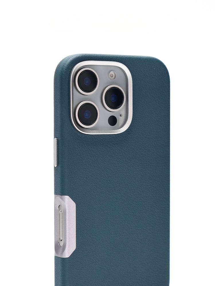 The iPhone 16 Pro Max Leather Case in green provides MagSafe compatibility and showcases a sleek design with electroplated aluminum alloy buttons, perfectly accommodating the impressive triple-lens camera on the back with its raised camera frame.