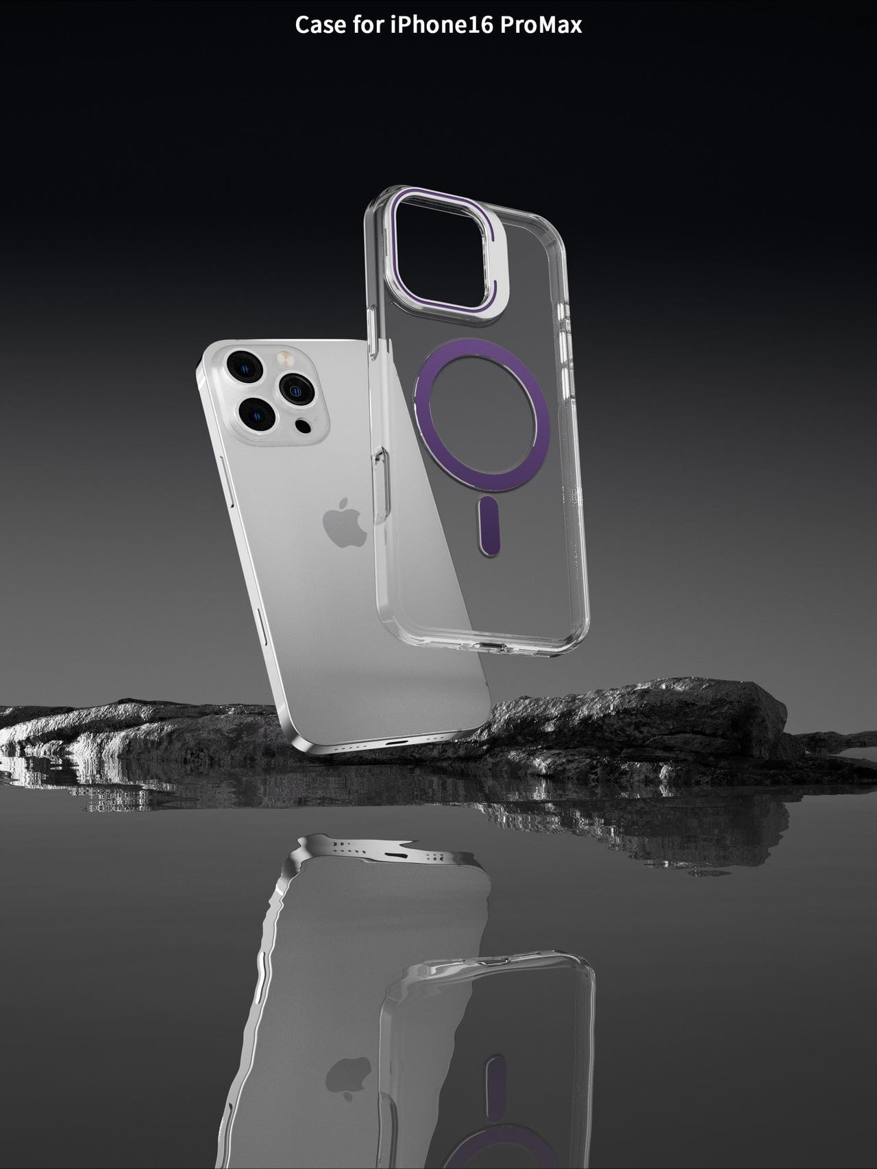 An iPhone 16 Pro Max with three cameras and a transparent protective cover featuring purple accents, specifically the iPhone 16 Pro Max Clear Case with Kickstand | MagSafe Compatible, is displayed on reflective and rocky surfaces.