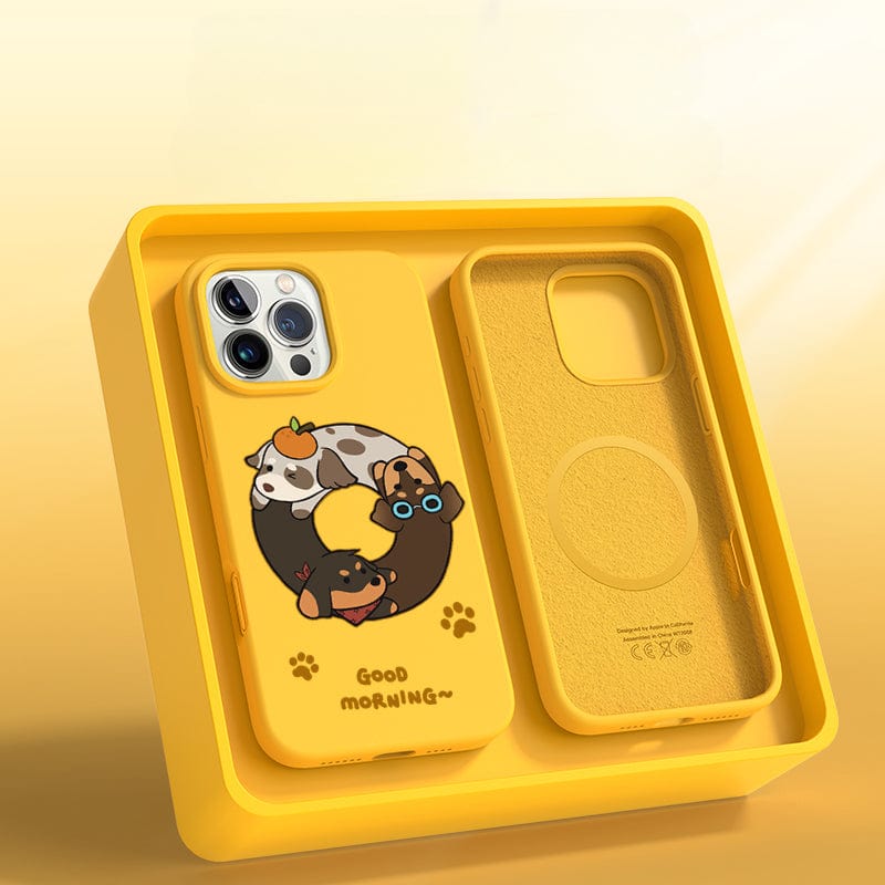 The "iPhone 16 Pro Max Case - Good Morning Cartoon Dog Silicone Protective Cover," showcasing adorable cartoon dogs and the "Good Morning~" text, is displayed in a coordinating yellow box.