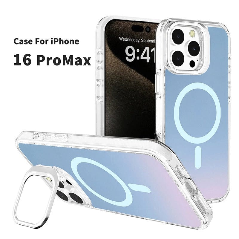 An iPhone 16 Pro Max case with an iridescent finish and a colorful TPU bumper is displayed. It features a clear back with reinforced edges and a detachable ring for better grip and stand functionality, and is MagSafe compatible.