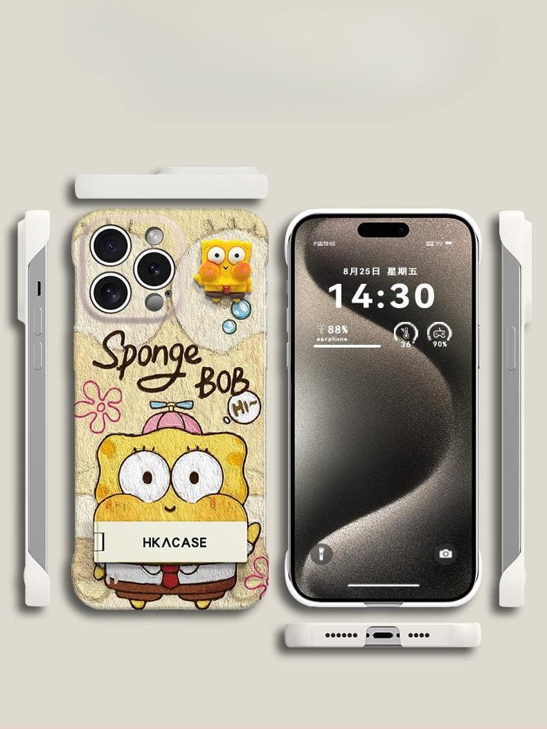 A smartphone in a white case with a screen displaying "14:30" and battery percentage. Next to it, an iPhone 16 Pro Max Ultra-Thin Frameless Case in pink and yellow featuring a cartoon design with a 3D SpongeBob figure and "HKACASE" printed on the bottom, along with a foldable stand.