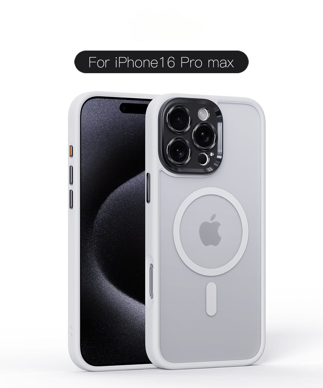 Two iPhone 16 Pro Max devices are shown, one displaying the front screen and the other showcasing the back with a Durable MagSafe iPhone 16 Pro Max Case made of TPU+PC material, featuring shockproof air cushion technology and camera protection with the Apple logo prominently displayed.