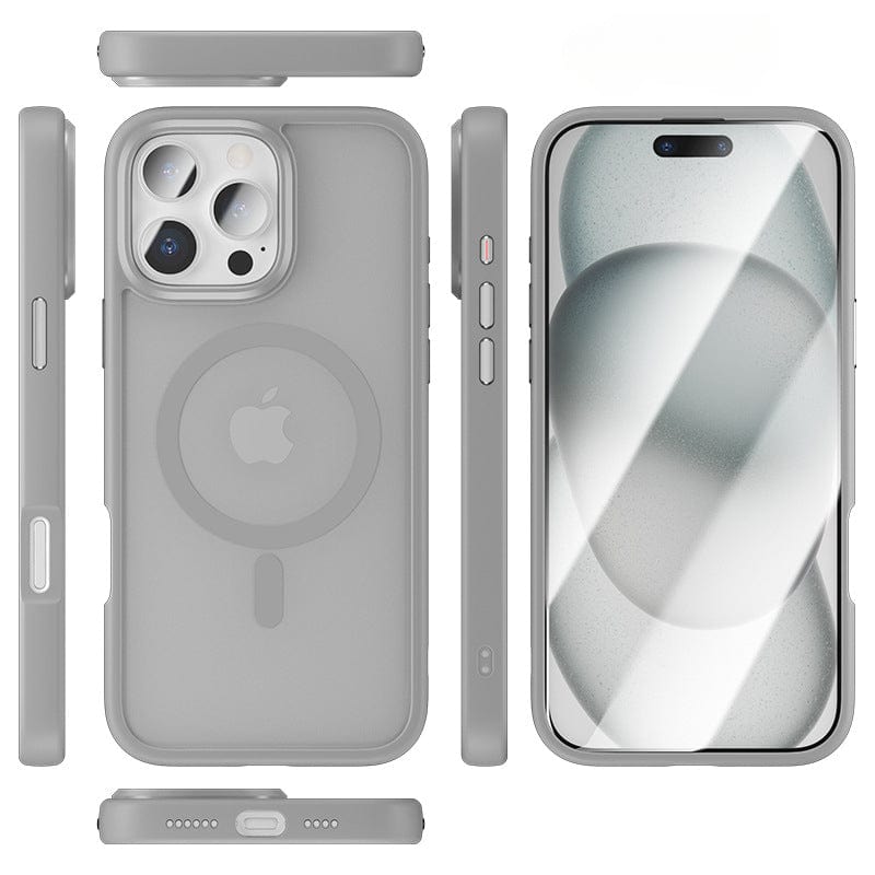 Six views of an iPhone 16 Pro Max case in light grey, showing the front, back, sides, and bottom of the case. The phone screen displays a grey abstract background. This sleek design features aluminum alloy camera frame accents and ensures MagSafe compatibility for convenient charging.