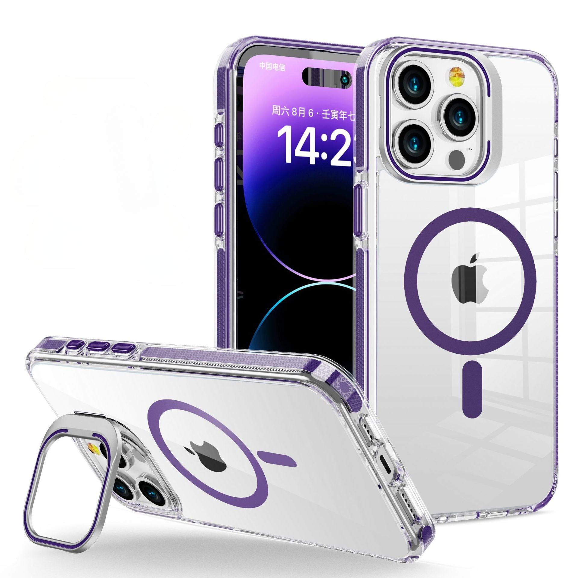 A clear iPhone 16 Pro Max case, highlighted by a purple border and ring design, is showcased on a smartphone. The display includes both the back and front views of the case and phone, with the phone screen showing the time. The product is an iPhone 16 Pro Max Case - Clear Acrylic MagSafe Compatible, Metal Camera Frame, Invisible Kickstand.