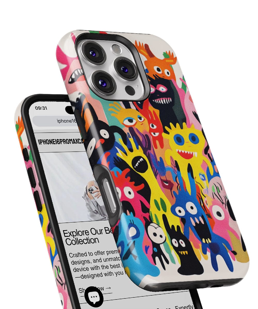 An iPhone 16 Pro Max adorned with the vibrant Quirky Cartoon Monster case, featuring various cartoon characters, is displayed next to another phone showcasing a webpage that highlights the case's MagSafe compatibility.