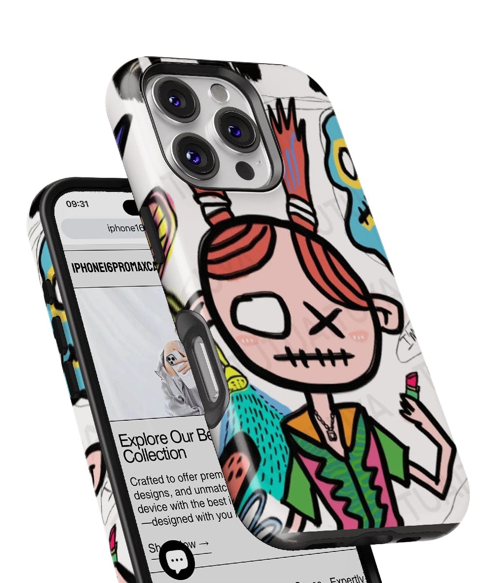 Vibrant and bold Quirky Pop Art Girl iPhone 16 Pro Max cases featuring street art aesthetics. One case is on a phone displaying a website, while the other is propped up, showcasing its back design with a cartoon character. These cases offer dual-layer protection for ultimate durability and style.