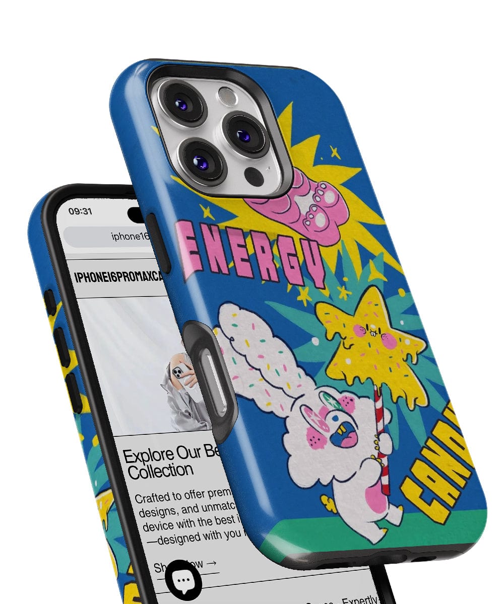 Displayed is an Energetic Candy Cartoon iPhone 16 Pro Max case featuring a fun pop art design, bold colors, and playful aesthetic with colorful cartoon characters and the words "ENERGY" and "CANDY." The blue case provides durable dual-layer protection, as shown on the phone screen displaying a website page.