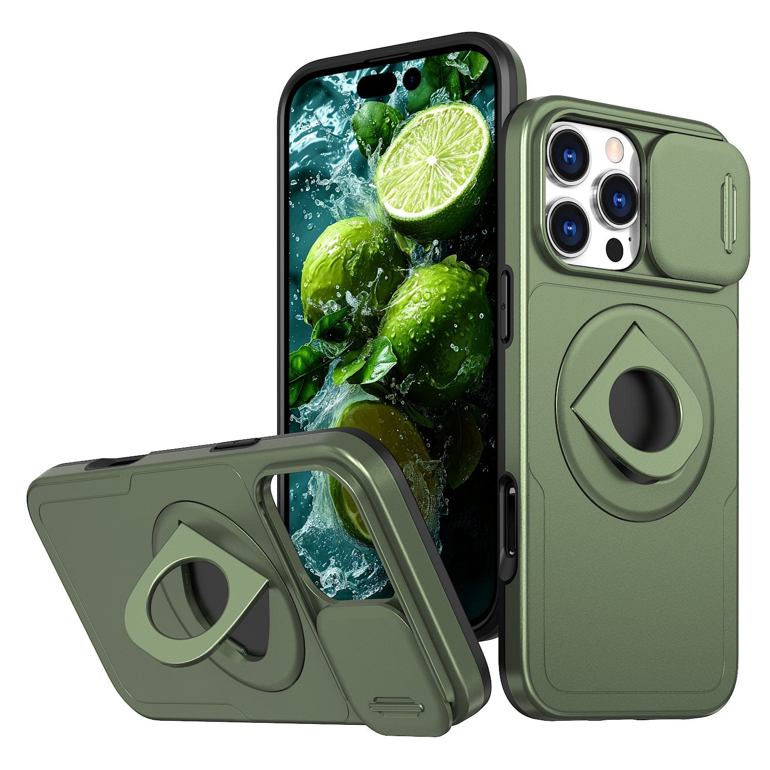 Green iPhone 16 Pro Max Case with Sliding Window, Magnetic Ring Stand, and Shockproof TPU+PC Design for enhanced camera lens protection and anti-fingerprint and anti-slip features, shown on a phone displaying a lime and mint water splash wallpaper.