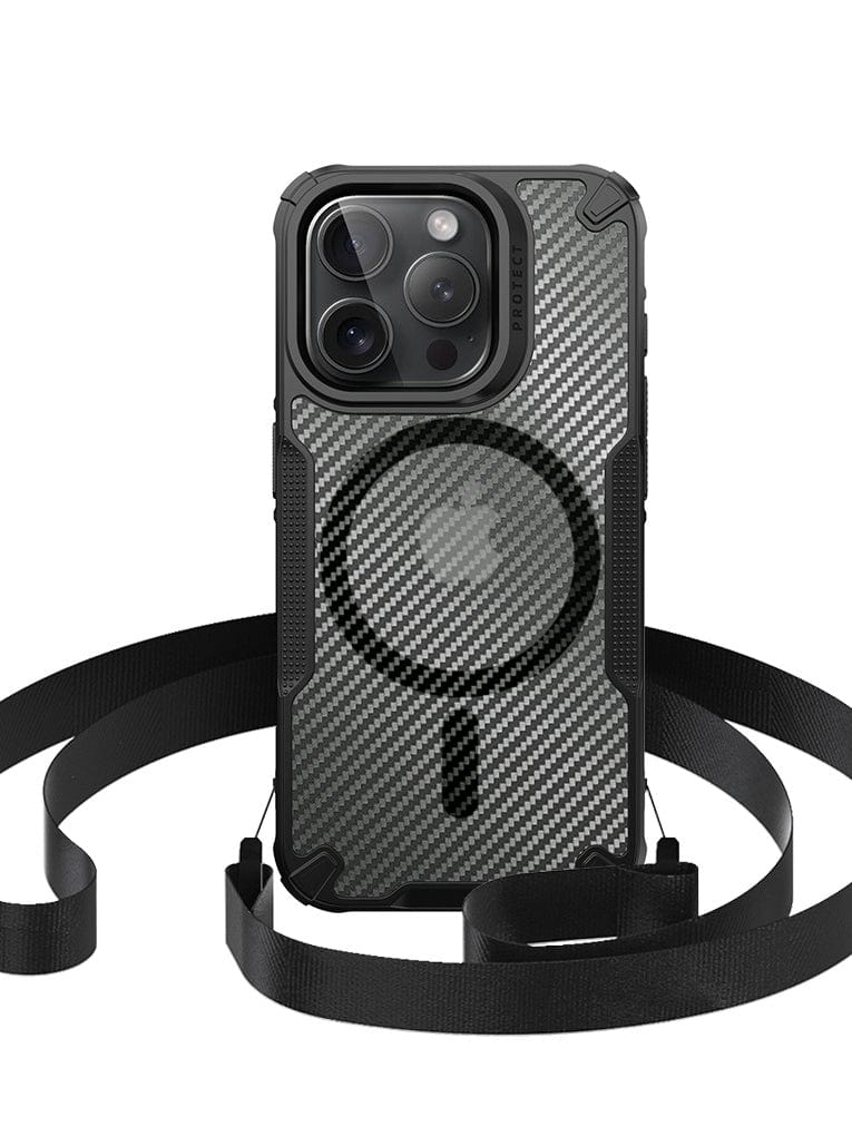 A smartphone featuring a Lightweight MagSafe iPhone 16 Pro Max Case, with a black and gray textured design, and three camera lenses is displayed with a black lanyard attached.