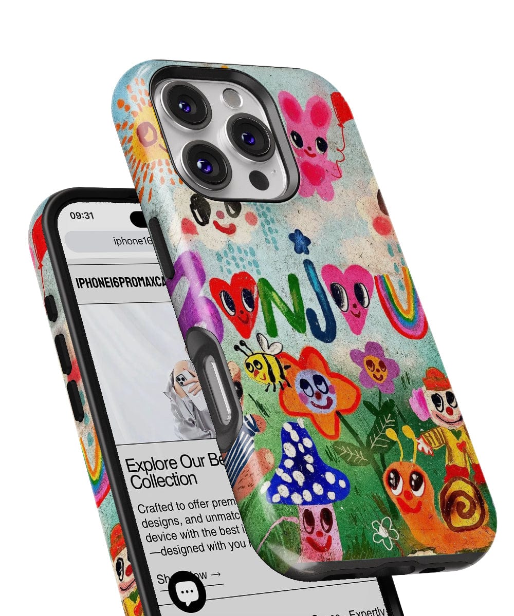 A smartphone adorned with the Bonjour Garden iPhone 16 Pro Max Case, showcasing cute cartoon characters and vibrant, whimsical nature designs. The phone screen displays a webpage about the iPhone 16 Pro Max case collection, emphasizing its stylish dual-layer protection.