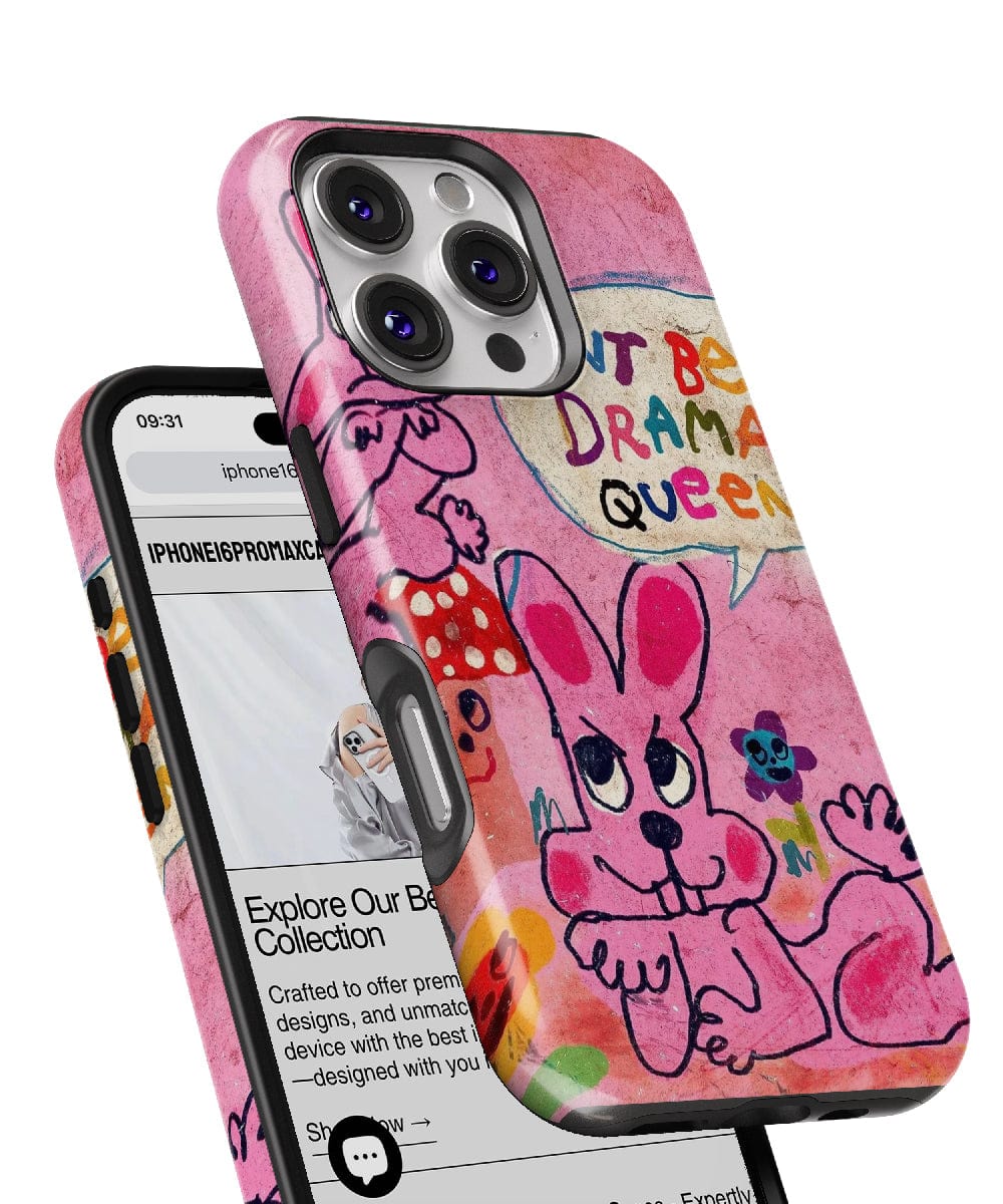 A smartphone enclosed in a Pink Bunny "Don’t Be a Drama Queen" iPhone 16 Pro Max Case – featuring a quirky cartoon design, bold colors, and shockproof protection displays a web page with the headline "Explore Our Best Collection.