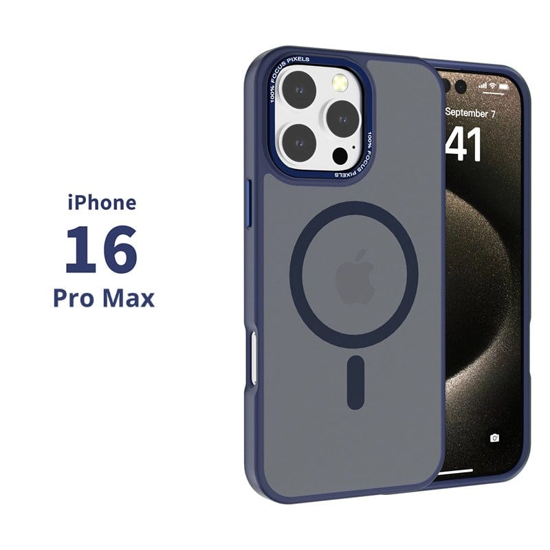 A blue MagSafe iPhone 16 Pro Max Case - Soft-Touch Finish, TPU+PC Material, Anti-Slip, Metal Camera Frame on an iPhone 16 Pro Max, showing a large camera cutout and MagSafe ring on the back. The screen displays a partial time and date. The text "iPhone 16 Pro Max" is on the left.