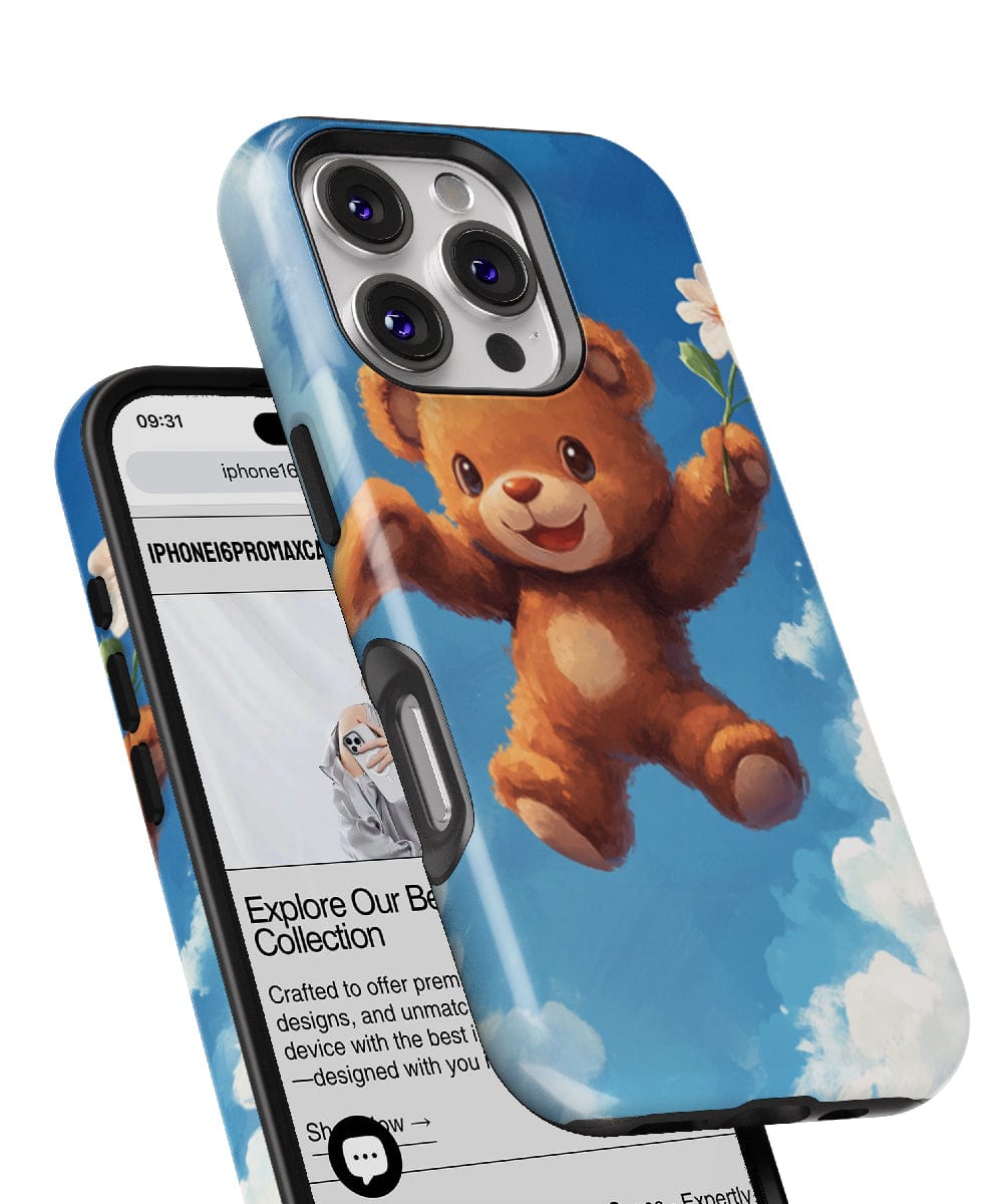 iPhone 16 Pro Max showcasing a website, partly obscured by an Adorable Teddy Bear iPhone 16 Pro Max Case – MagSafe Compatible, featuring an illustration of a bear holding a white flower in the sky. This slim fit, shockproof case made from durable PC and silicone offers dual-layer protection and precise cut-outs for the camera and buttons.