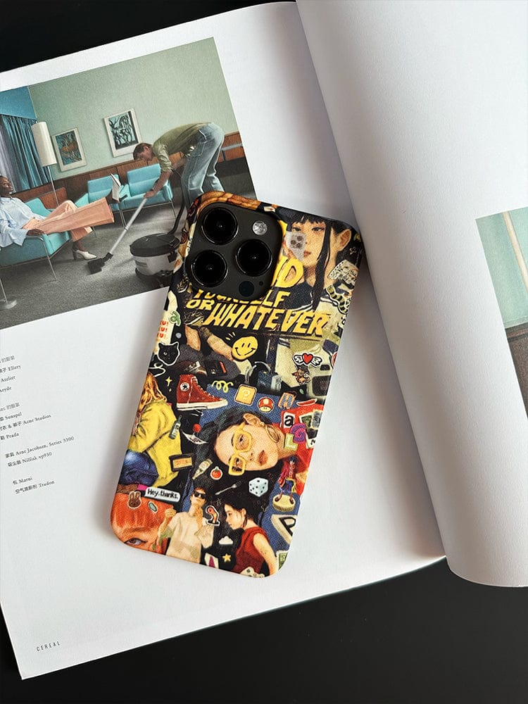 A smartphone with a colorful, artistic case lies on an open book. The Vibrant Collage iPhone 16 Pro Max Case - Pop Art, Street Style, and Retro Design Elements features a vibrant collage of various images and text, including the phrase "BE WHATEVER." The book's pages show a photo of a man and a child in a room with teal chairs.