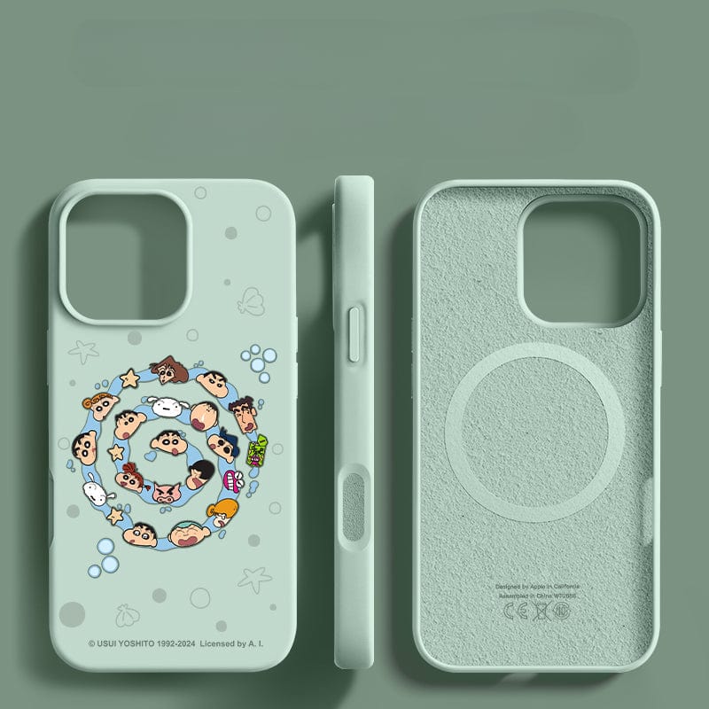 Three perspectives of the iPhone 16 Pro Max Crayon Shin-chan Case - Liquid Silicone, Shockproof, Anti-Dust, Washable Protective Cover show character faces in a circle pattern on the back, with precise cutouts for the camera, buttons, and wireless charging ring.