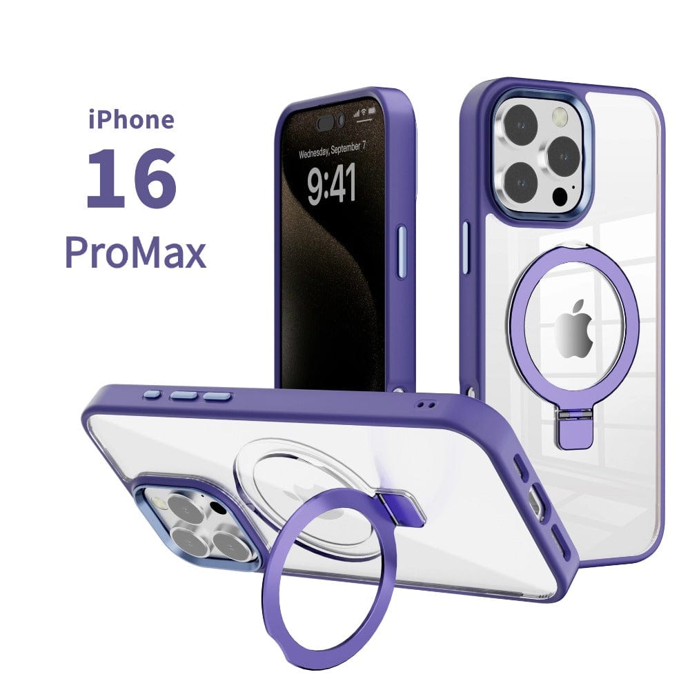 Purple iPhone 16 Pro Max with a front and back view, showcasing a clear TPU bumper case featuring a built-in ring holder. This sleek design offers both protection and functionality, while being MagSafe compatible.