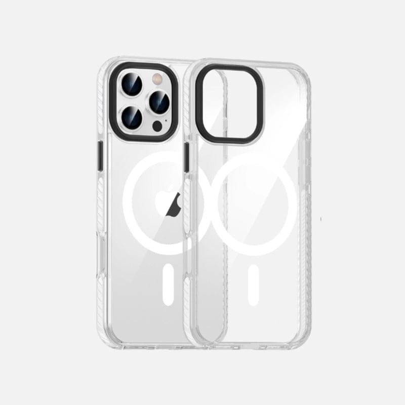 iPhone 16 Pro Max Clear MagSafe Case with a circular white design on the back, showcasing both front and back views. This case features shockproof air cushion corners, TPU+PC material, and metal buttons.