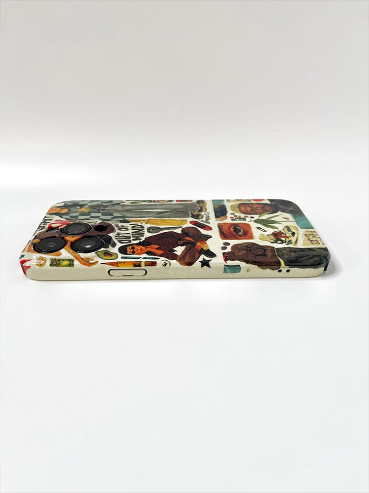 A smartphone lying on its side against a white background features an Eclectic Pop Culture Collage iPhone 16 Pro Max Case, boasting a vibrant, retro-inspired, and artistic design with colorful stickers of people, animals, and objects. The camera lenses and buttons of the phone are visible on the left side.