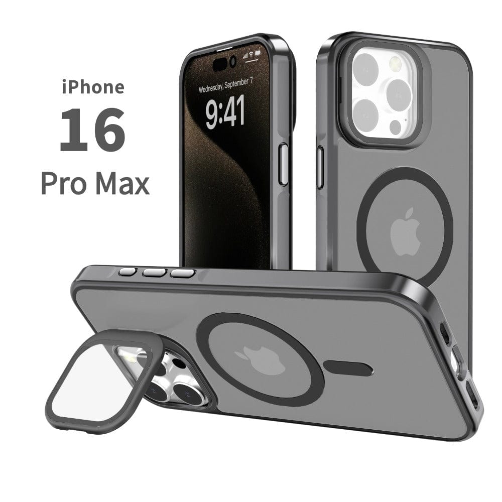 Image of an iPhone 16 Pro Max in a Silky Touch iPhone 16 Pro Max Case with Ring Holder, showcasing the front and back views with a focus on the camera layout and MagSafe compatibility. The clear case features TPU buttons and a soft-touch finish.