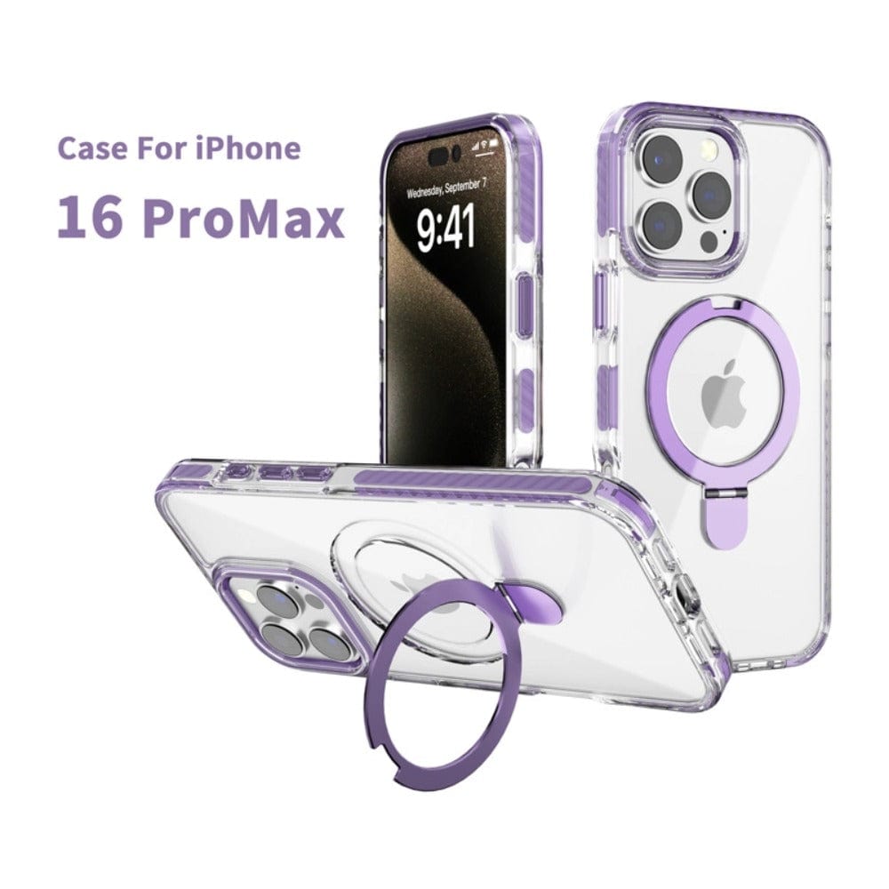 The iPhone 16 Pro Max Clear Case with Ring Holder, featuring a transparent design with purple trim and a built-in ring stand, is showcased. One phone displays the front with a time of 9:41, while the other reveals the back, highlighting the iconic Apple logo. This MagSafe compatible case has a high-gloss finish and offers shockproof protection.