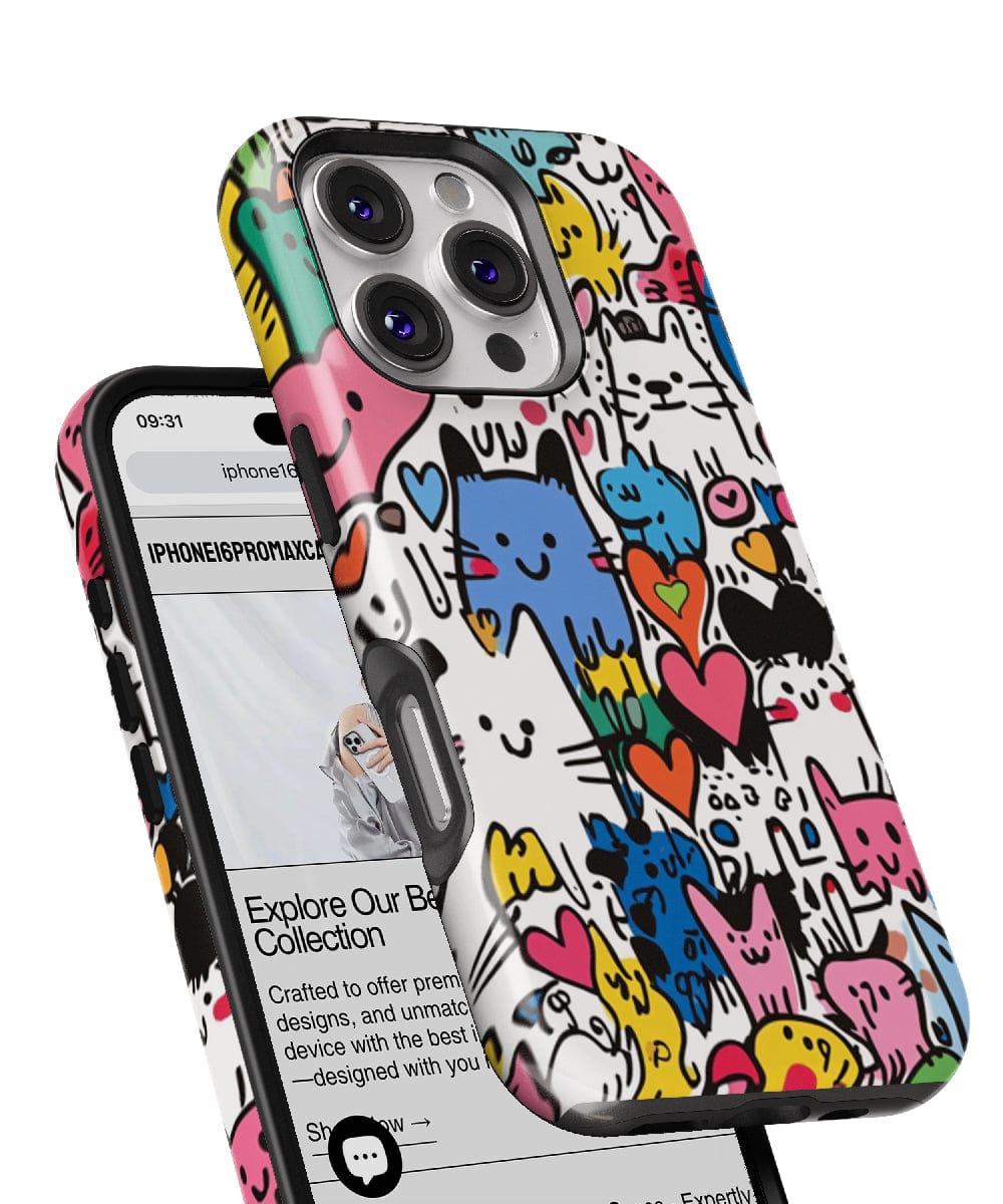 A phone with a Cute Colorful Cat iPhone 16 Pro Max Case – MagSafe Compatible, Slim Fit, Shockproof PC + Silicone Cover is shown leaning against another phone displaying a website.