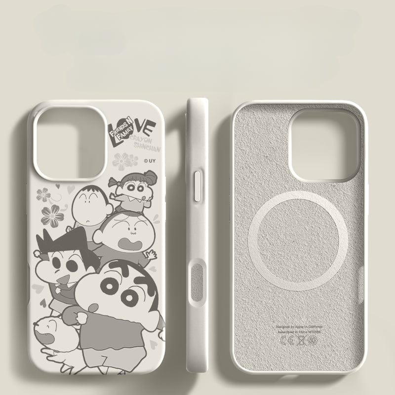 Three light-colored iPhone 16 Pro Max Crayon Shinchan Friends cases offer whimsical charm and functionality. The liquid silicone case on the left features multiple characters, the center case is viewed from the side, and the right case showcases its back with a circular design. All three provide shockproof protection, are anti-fingerprint, and deliver a soft touch experience.