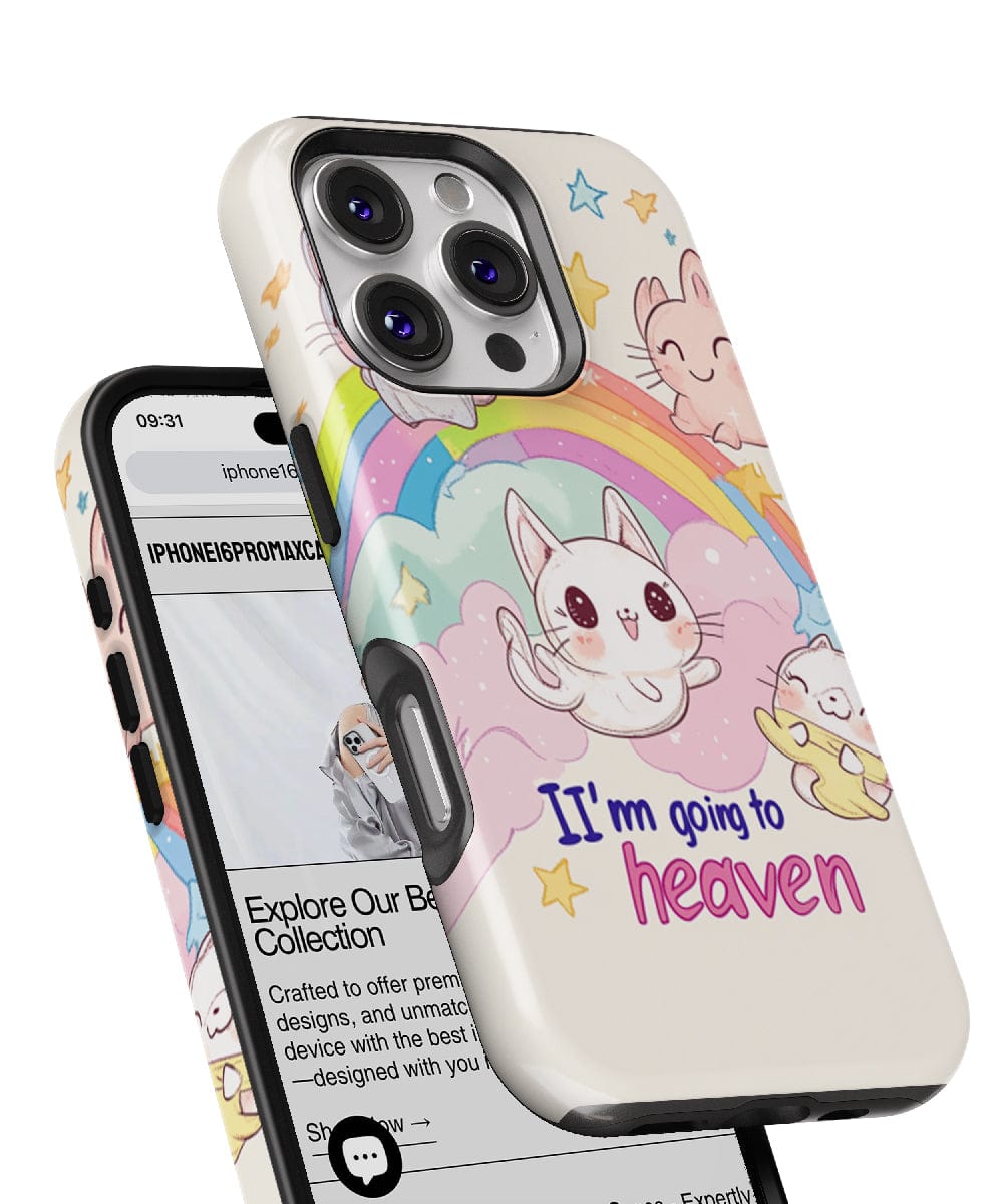 The Kawaii Cat "Going to Heaven" iPhone 16 Pro Max Case features adorable cartoon animals, a rainbow, and the text "I'm going to heaven." Plus, it's MagSafe compatible for added convenience and offers a shockproof, slim fit PC + silicone cover.