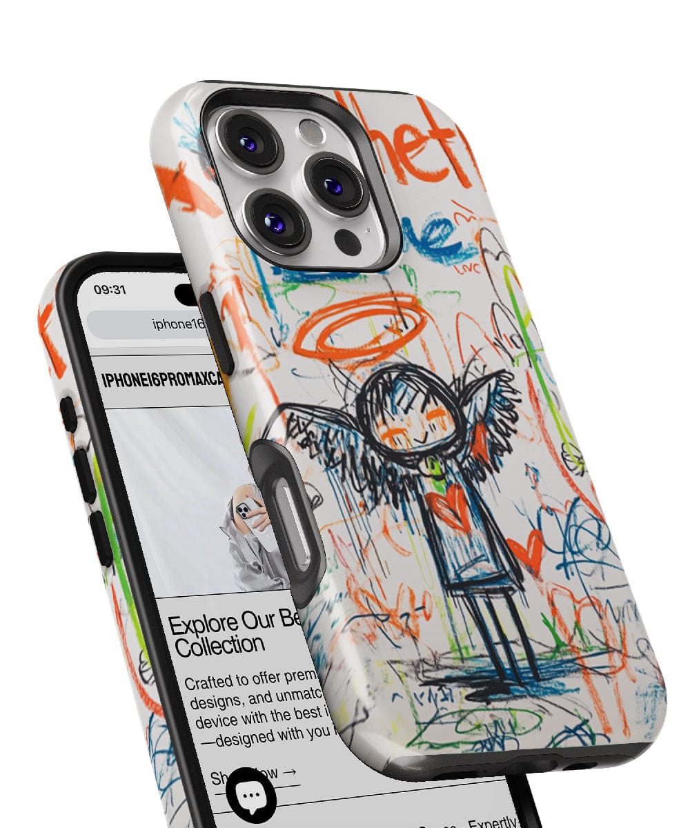 The iPhone 16 Pro Max with the Aesthetic Graffiti Angel Case features a colorful graffiti-style design showcasing an angel with wings and a halo, surrounded by various doodles and scribbles. This dual-layer protection ensures durability, while the sleek case allows your screen to display websites clearly. Additionally, it's MagSafe compatible for easy wireless charging.