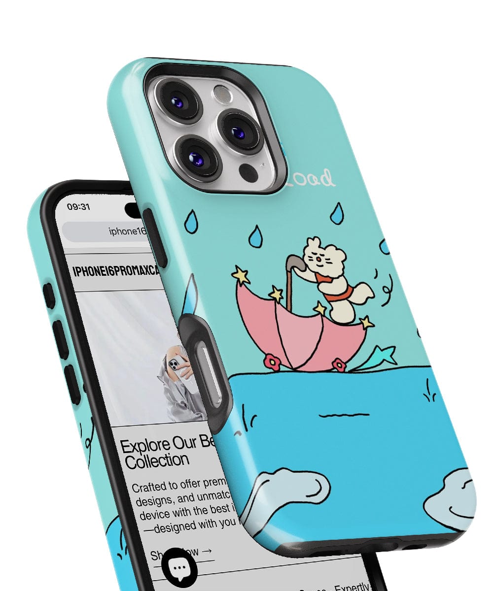 The "Cute Bear with Umbrella iPhone 16 Pro Max Case – MagSafe Compatible, Slim Fit, Shockproof PC + Silicone Design" features a turquoise color and an adorable bear sitting on a cloud holding an umbrella. The bear is surrounded by raindrops and stars, with the phone shown in close-up displaying a website.