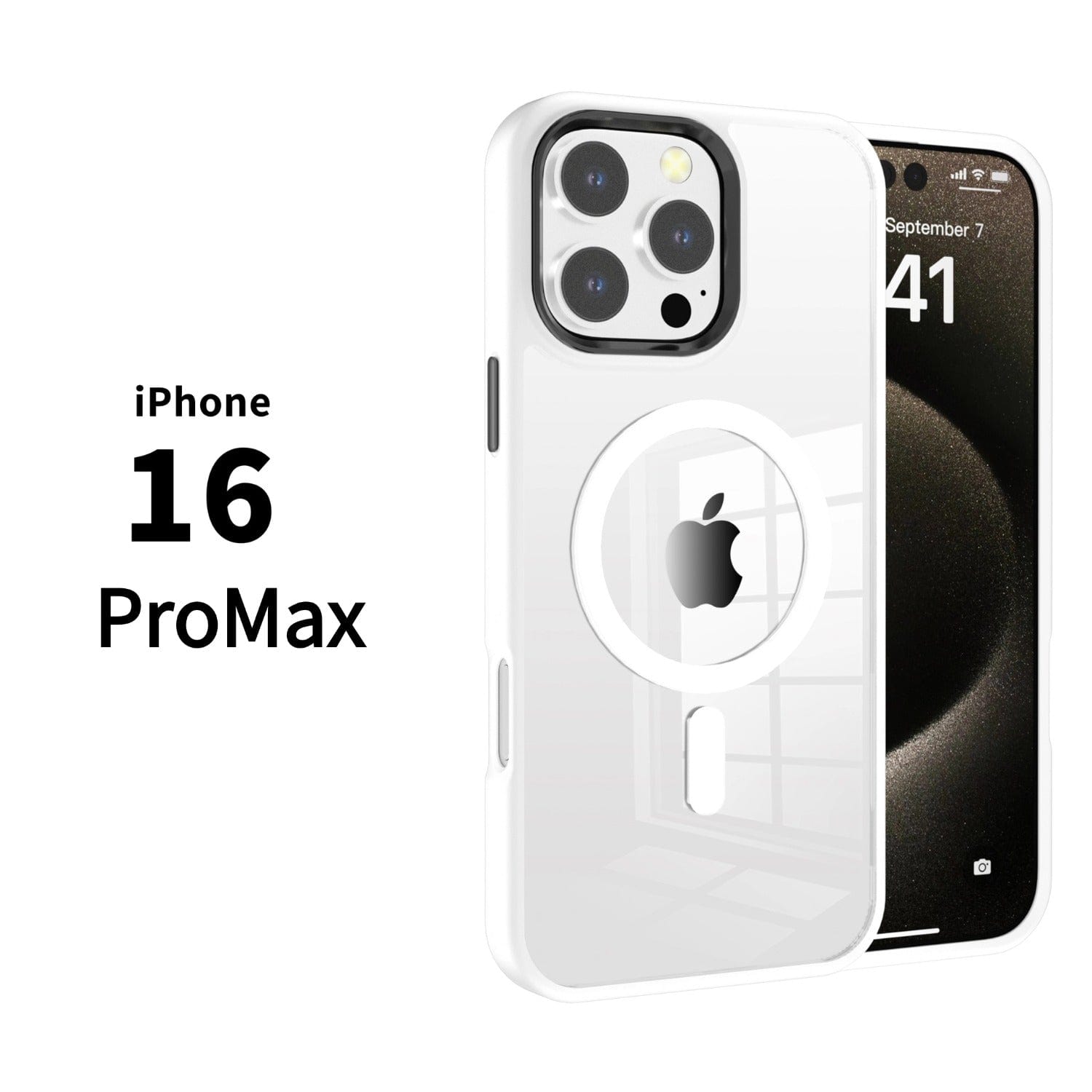 Image of an iPhone 16 Pro Max with a MagSafe Compatible iPhone 16 Pro Max Case, featuring a clear back with TPU bumper. The phone's front and back views are shown, and the screen displays the date "September 7" and the time "9:41".