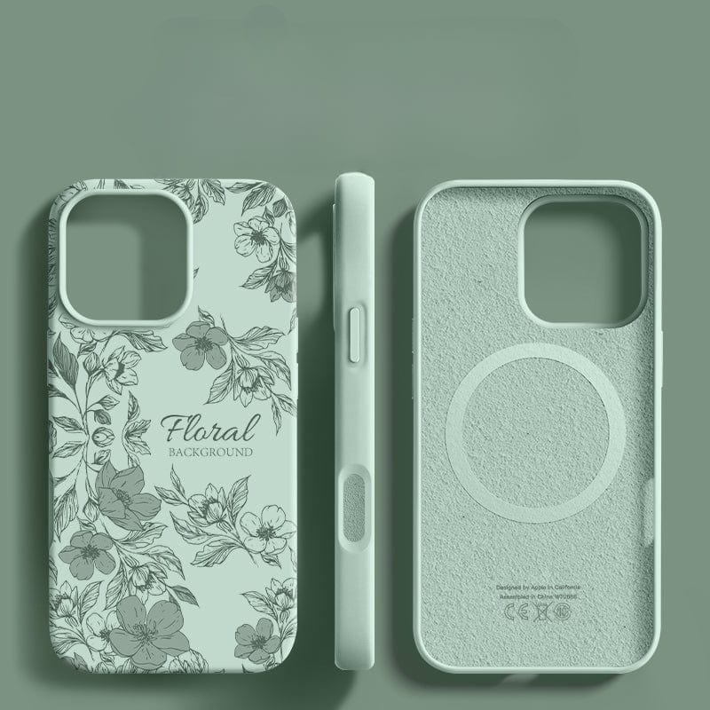 An iPhone 16 Pro Max Case - Floral Silicone Protective Cover with Shockproof Triple-Layer Design and Anti-Fingerprint Coating is displayed in three views: front, side, and back. The front view showcases the elegant floral pattern, the side view highlights button placements, and the back view reveals the interior lining, offering 360° protection for your device.