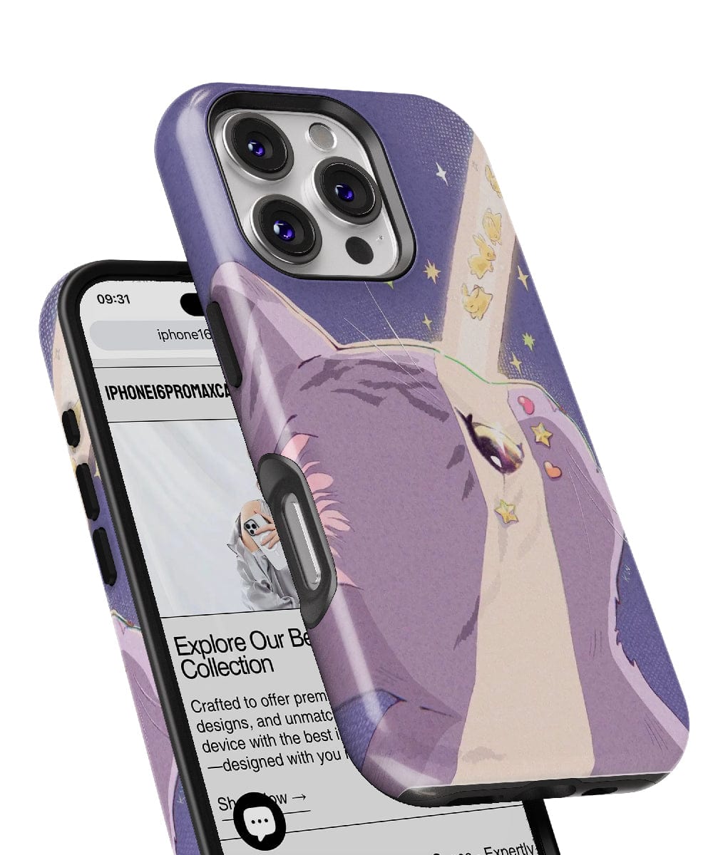 A smartphone with an illustrated case featuring the Dreamy Cat with Starbeam in pastel colors and a cute aesthetic is shown from front and back. The screen displays a web page about the Cosmic Cat Design iPhone 16 Pro Max case collection, highlighting its MagSafe compatibility.