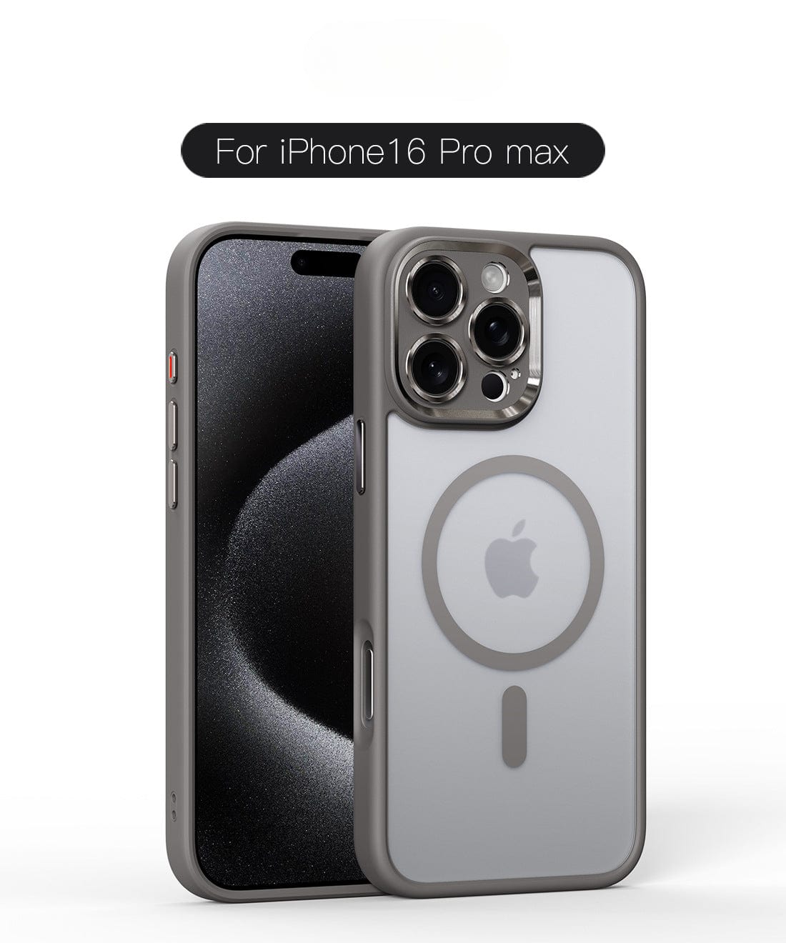 The Durable MagSafe iPhone 16 Pro Max Case features a gray design with a transparent back, specifically tailored for the iPhone 16 Pro Max. It's made from TPU+PC materials and includes shockproof air cushion technology and camera protection. The case is shown with an iPhone inside.