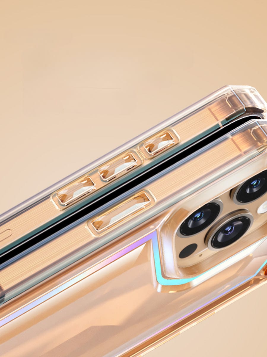 Close-up image of an iPhone 16 Pro Max Case - Shockproof 360° Clear Anti-Fall Protective Cover with 3D Gem Design, showcasing the device's buttons and camera lenses against a light beige background.