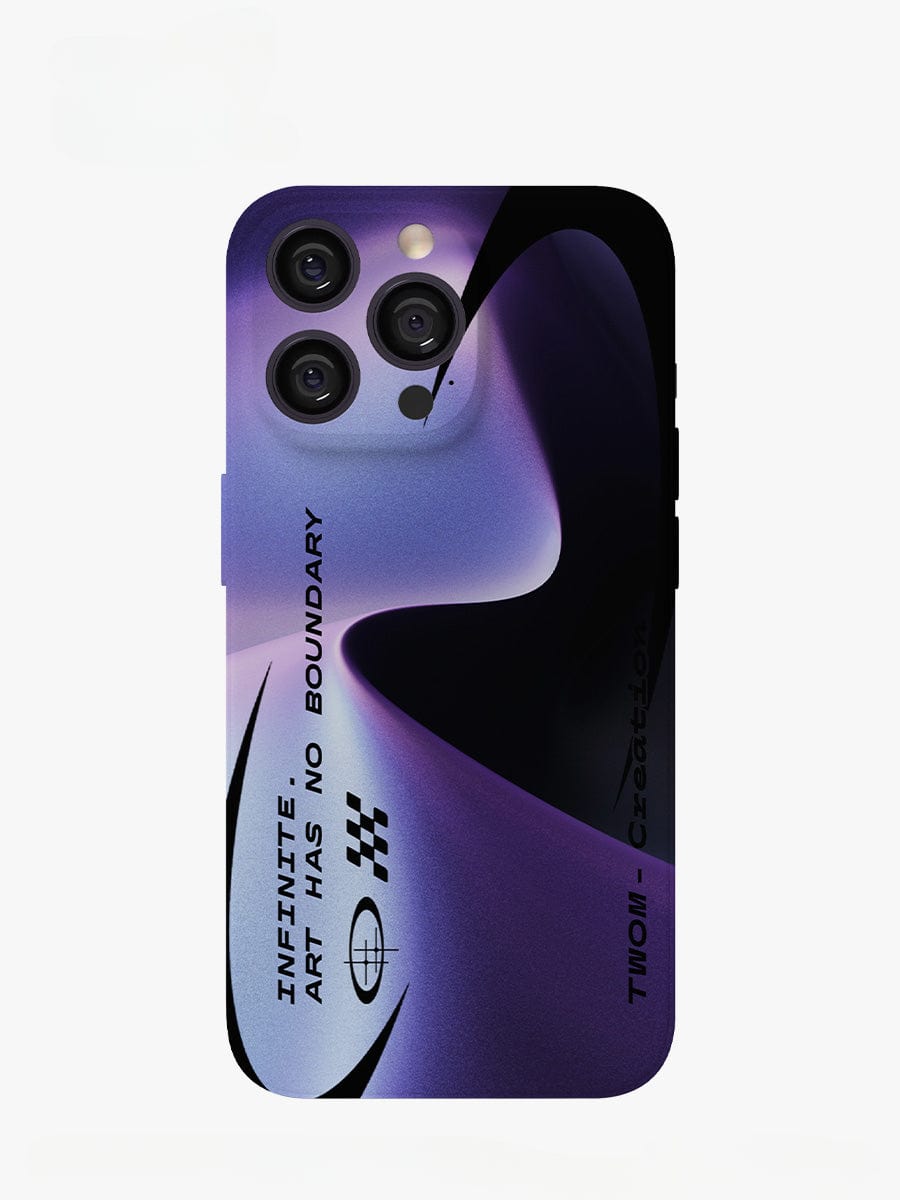 The Infinite Art iPhone 16 Pro Max Case features a futuristic gradient design showcasing an abstract purple and black pattern with the text "INFINITE. ART HAS NO BOUNDARY." along with other delicate design elements, all within a sleek, all-inclusive protective cover.