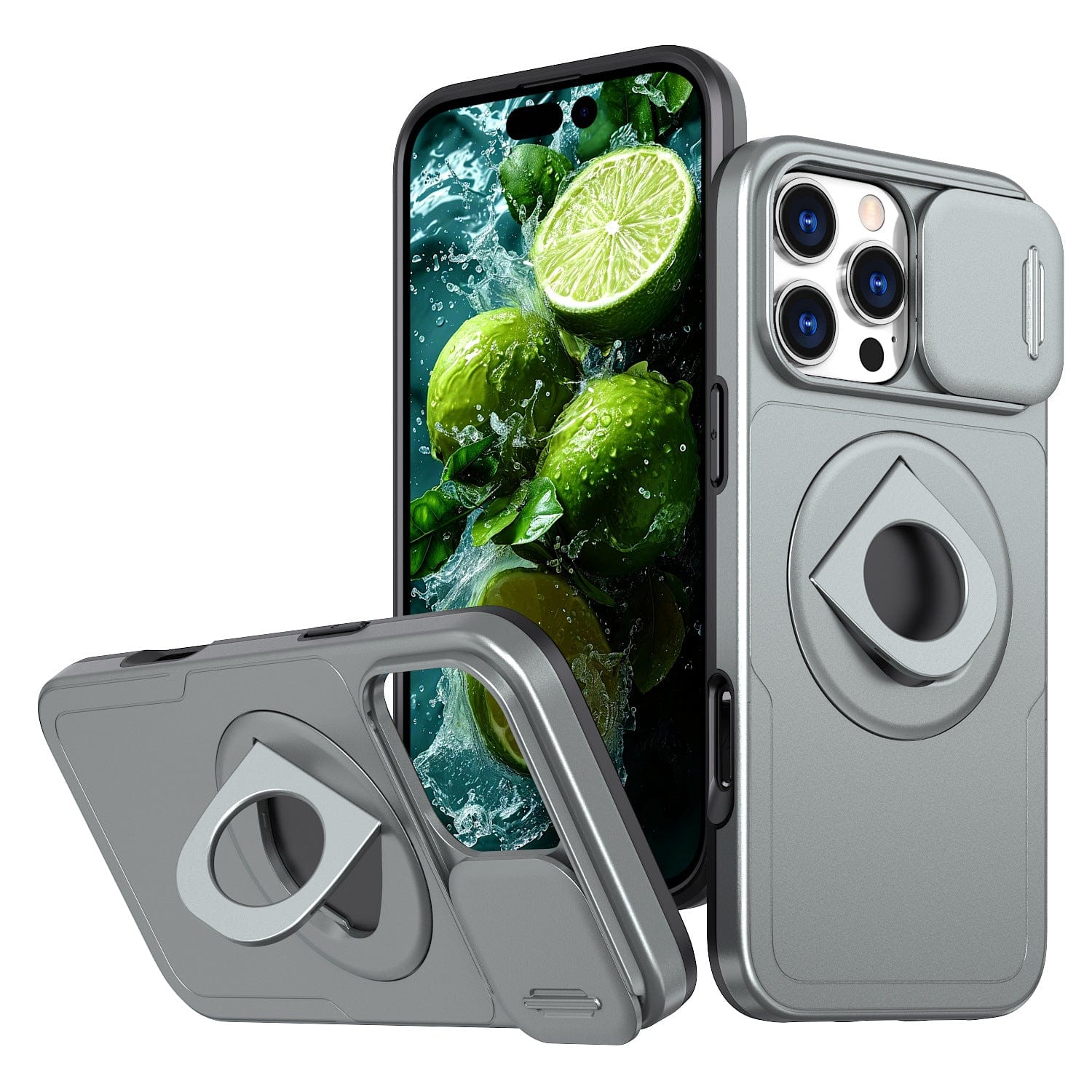 A rugged iPhone 16 Pro Max case in titanium ash featuring a built-in magnetic ring stand and sliding window, displayed from three different angles. The phone screen shows a splash of water with limes, highlighting its impeccable camera protection.