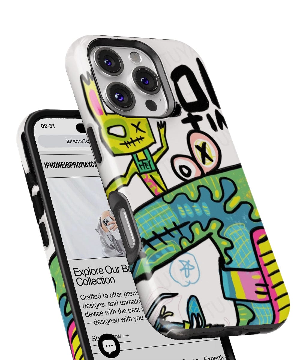 A close-up image of the Abstract Street Art iPhone 16 Pro Max Case, showcasing its bold graffiti-inspired design with vibrant, colorful artwork. The phone screen displays a webpage.