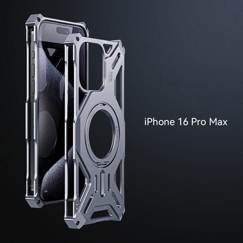 A silver iPhone 16 Pro Max Aerospace Aluminum MagSafe Case, featuring a 360° ring kickstand and shockproof metal cover, is shown surrounding an iPhone 16 Pro Max against a black background. The text "iPhone 16 Pro Max" is displayed beside the phone, highlighting its MagSafe compatibility.