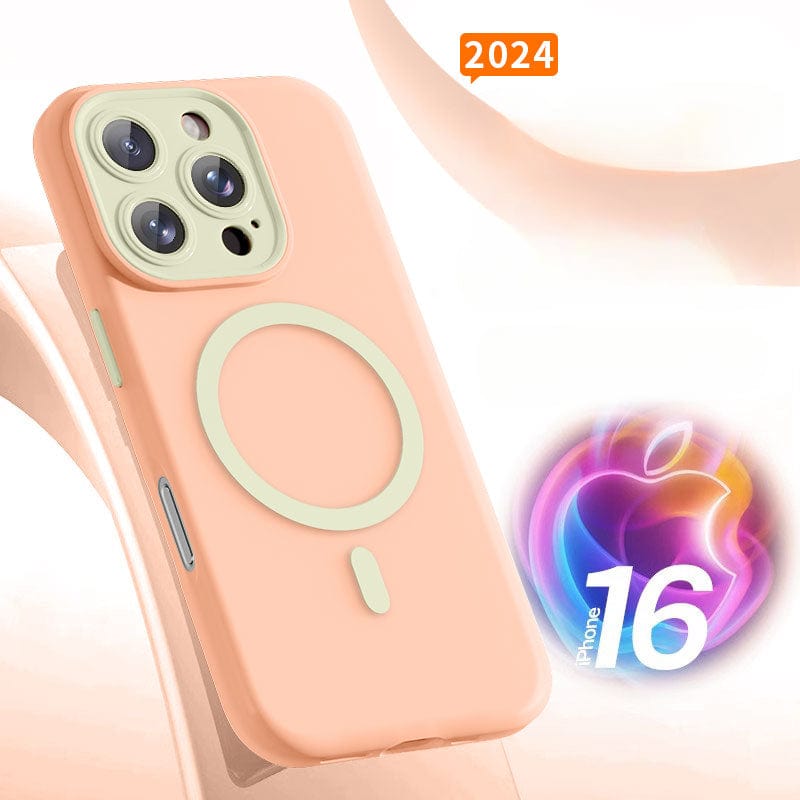 An iPhone 16 Pro Max case in peach color, designed with a circular pattern and precise camera cutouts, is shown. Made from Nano-Grade Liquid Silicone using Nano Cushion Technology, it offers excellent shock absorption and MagSafe compatibility. A "2024" label and the iPhone 16 logo with a colorful apple graphic are visible in the background.