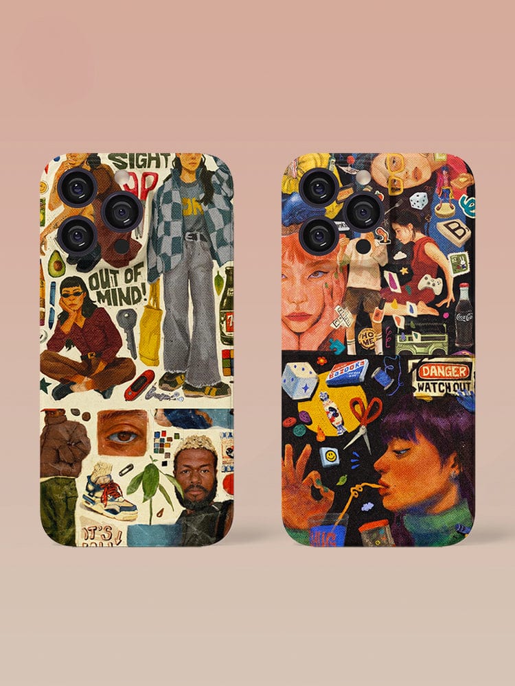 Two phone cases are displayed against a gradient background. Each case is filled with vibrant collages. The iPhone 16 Pro Max case on the left, named "Eclectic Pop Culture Collage iPhone 16 Pro Max Case," features retro and eclectic images, while the one on the right showcases colorful, abstract art and various objects.