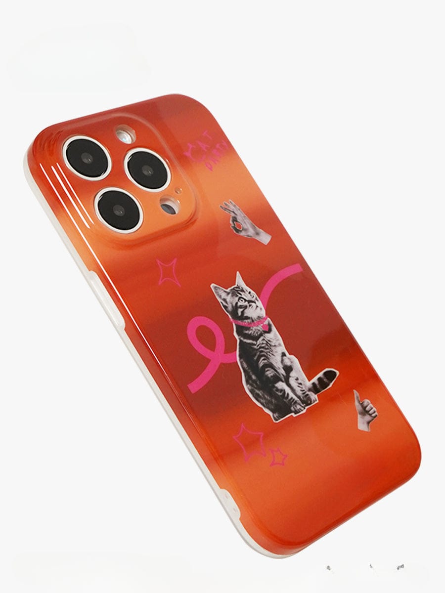 The Cat Vibes iPhone 16 Pro Max Case is a playful orange gradient protective cover that features a graphic of a gray tabby cat wearing a pink collar. Surrounding the cat are pink abstract shapes and hand symbols, including a peace sign and a thumbs up. The case also accommodates three black camera lenses.