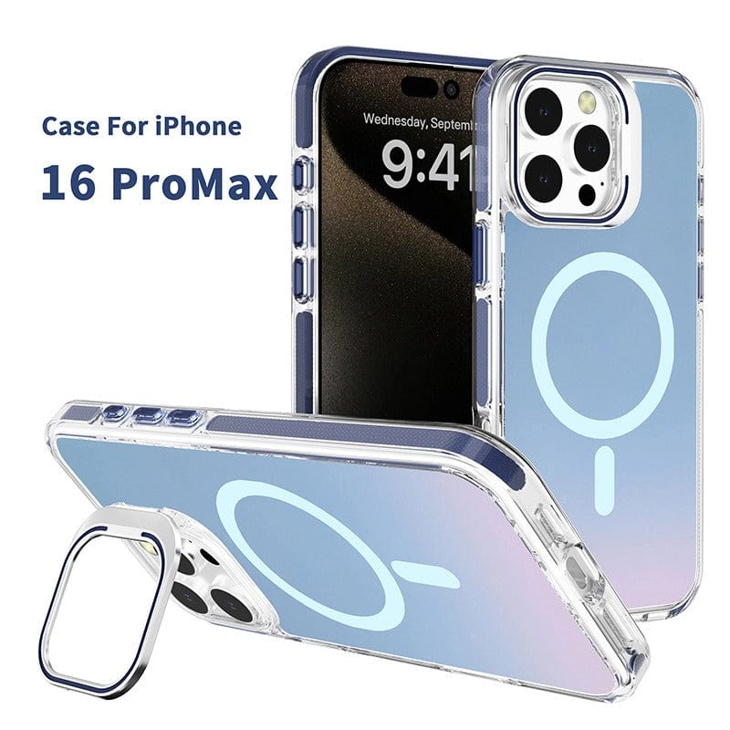 Clear iPhone 16 Pro Max case with an iridescent finish, colorful TPU bumper, and MagSafe compatibility.