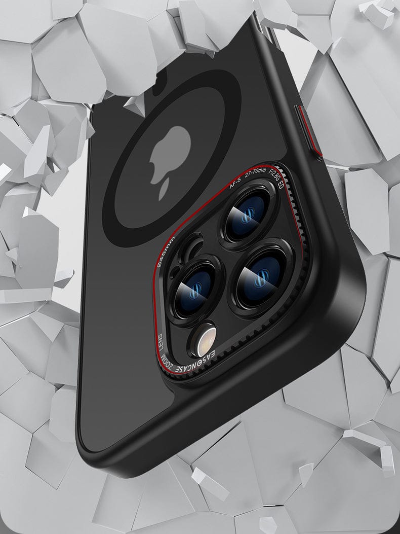 A close-up of the iPhone 16 Pro Max, featuring three camera lenses, partially encased in a rugged MagSafe Compatible Matte Finish Case made from TPU+PC material with metal camera ring and buttons, breaking through a white, fragmented surface.