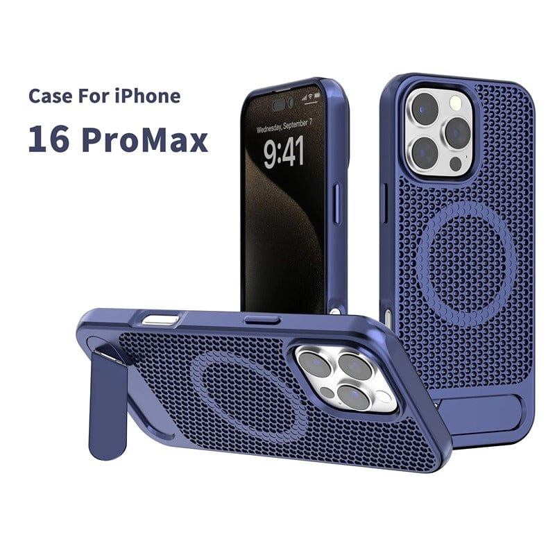 The iPhone 16 Pro Max Case with Kickstand, featuring a Honeycomb Heat Dissipation Design, MagSafe Compatibility, and TPU+PC Hybrid construction with metal buttons, is available in blue. One case is shown on an upright phone highlighting the textured back and circular design, while another is laid flat with the kickstand extended.